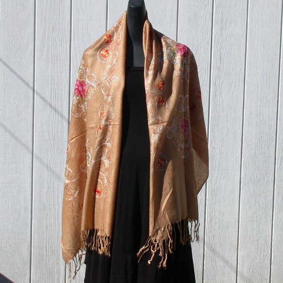 Embroidered Scarves TAN Shoulder Wrap Muslim Hijab Floral Print Fashion Shawl - Picture 1 of 3